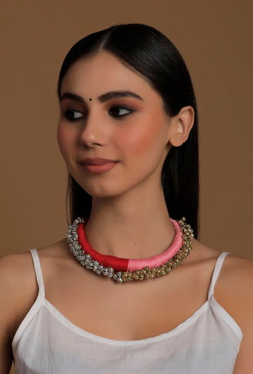 Lishika Duo Red and Pink Tribal Ghungroo Necklace